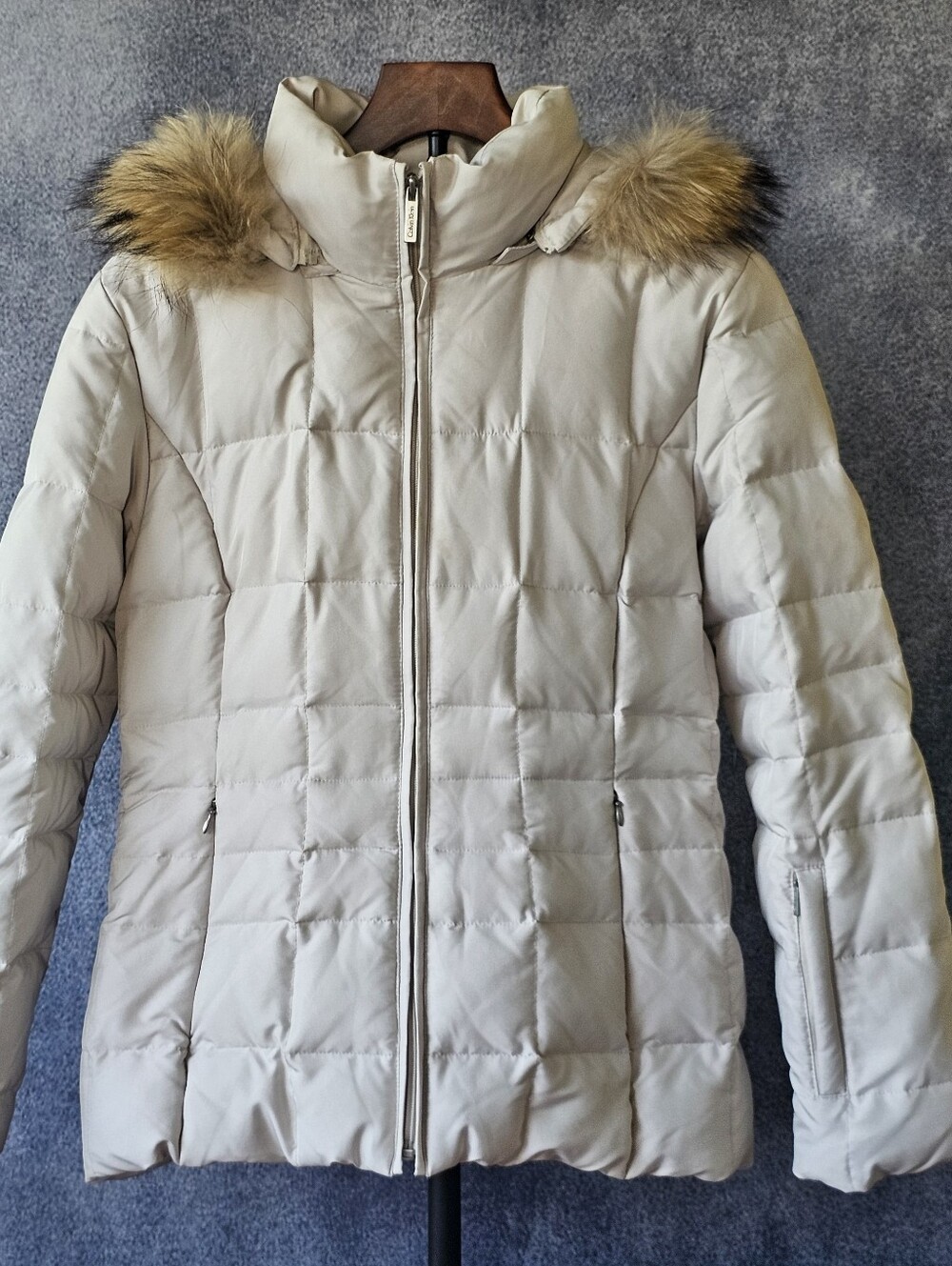 Calvin Klein Duck Down Puffer Jacket XS Ivory Genuine Raccoon Fur Trim EUC - Picture 2 of 12